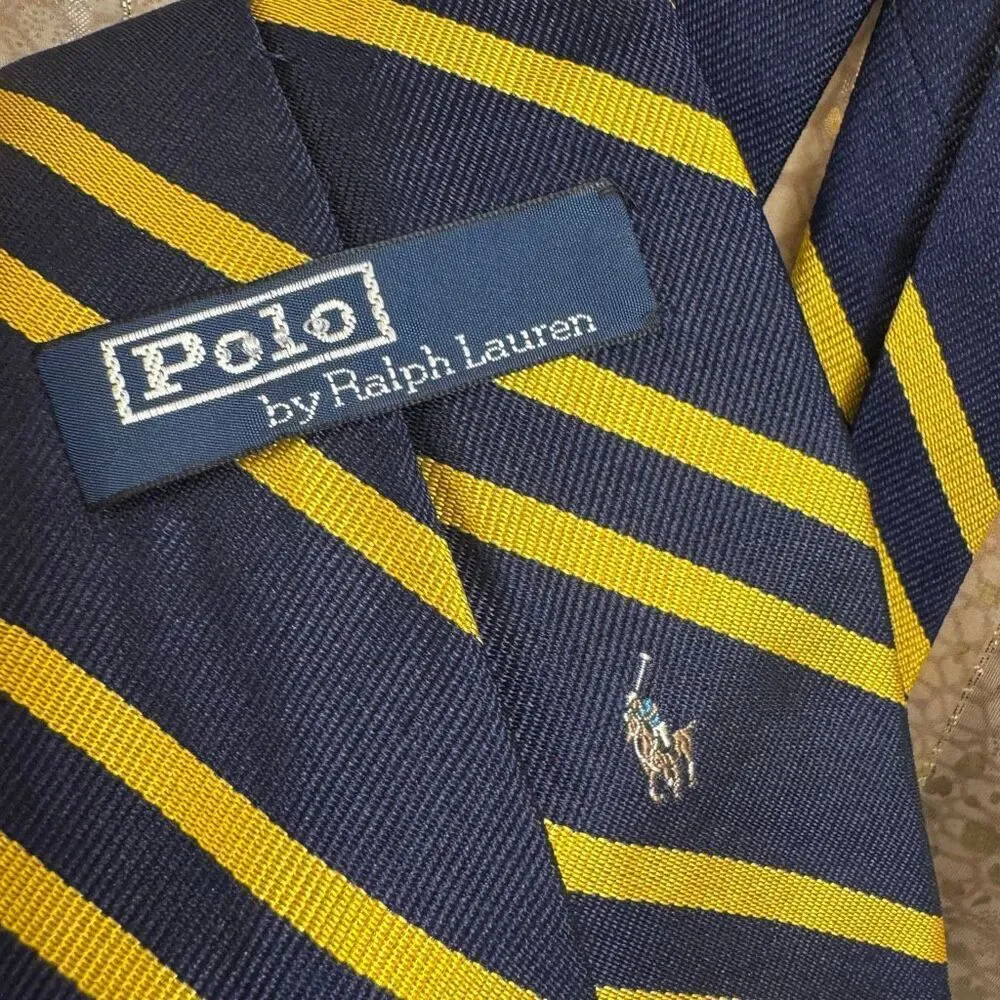 Polo Ralph Lauren Navy Blue Yellow Made in USA Silk Vintage Men's Tie